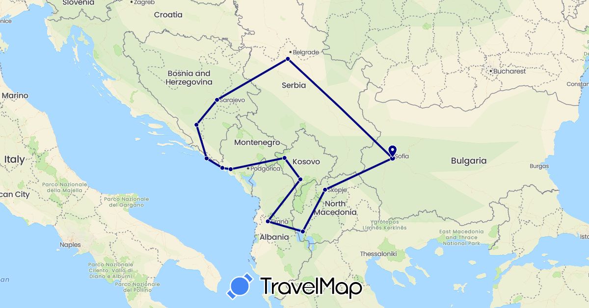 TravelMap itinerary: driving in Albania, Bosnia and Herzegovina, Bulgaria, Croatia, Montenegro, Macedonia, Serbia, Kosovo (Europe)